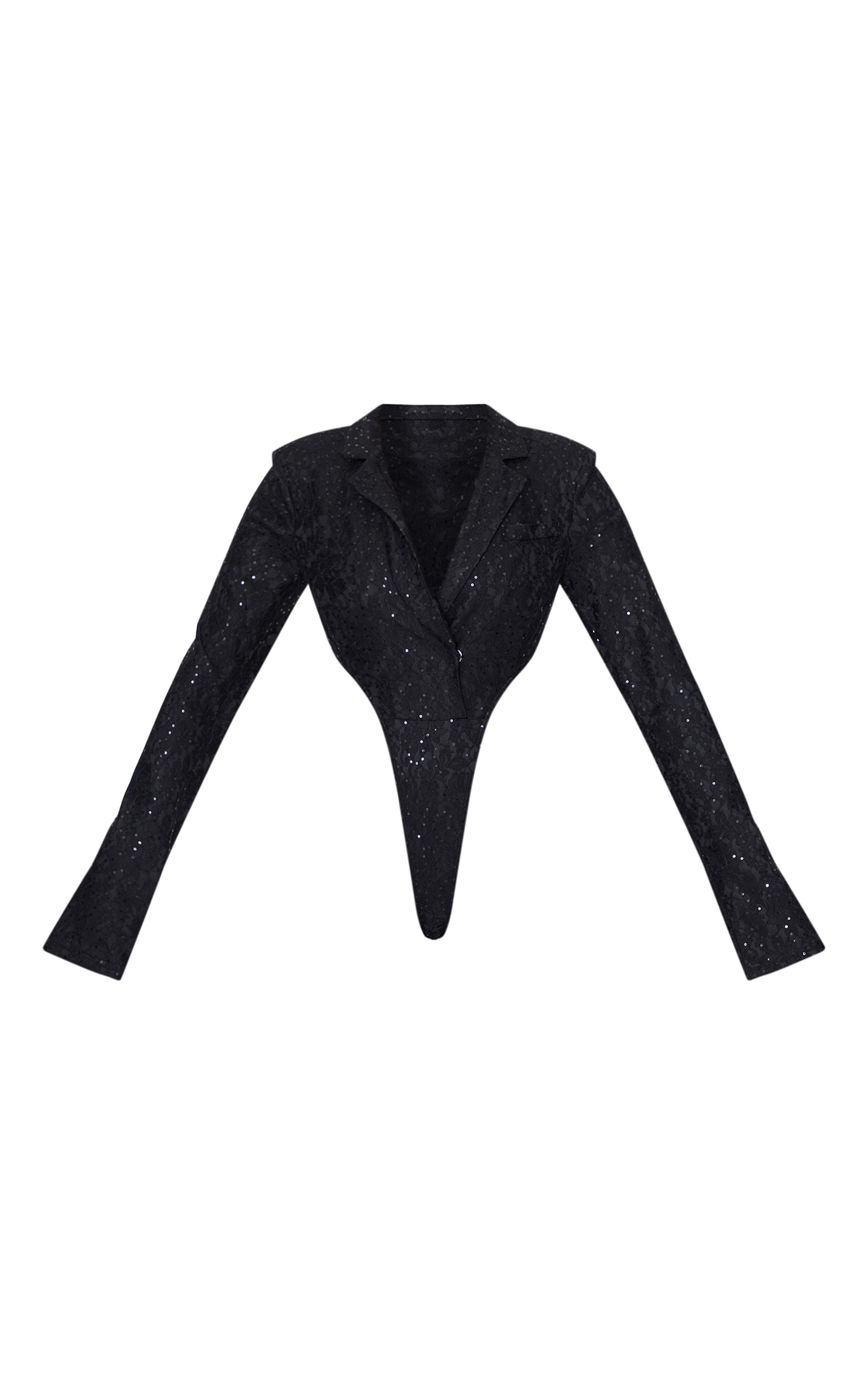 Tall Black Sequin Lace Bodysuit Blazer Jacket Product Image