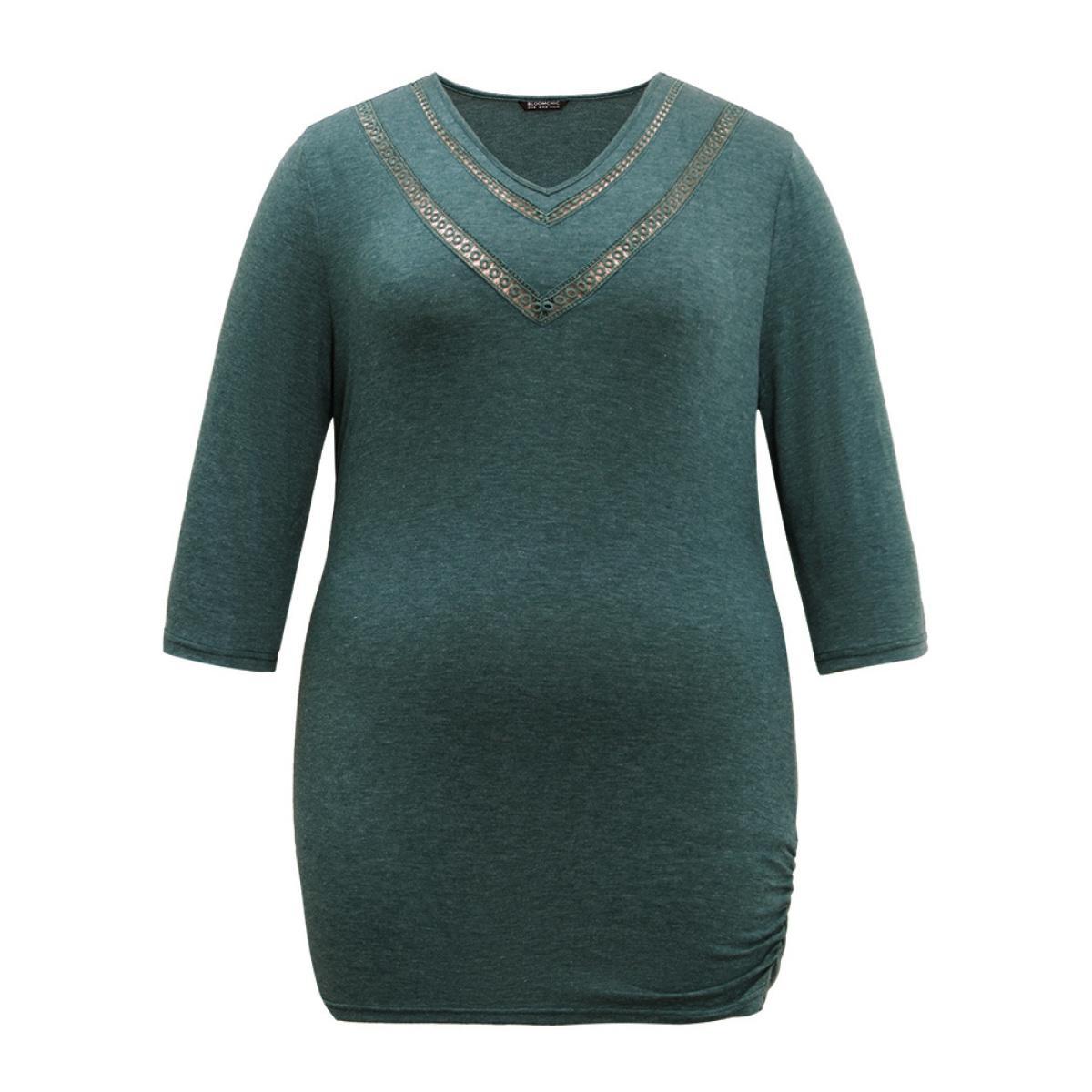 Plus Size Solid Gathered Contrast Lace V Neck T-shirt DarkGreen Women Elegant Gathered Plain V-neck Everyday T-shirts BloomChic 14-16/1X Product Image
