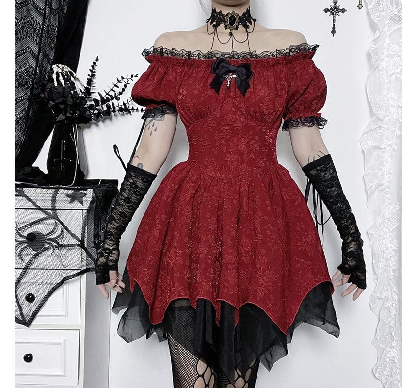 Short-Sleeve Off Shoulder Bow Panel Lace Trim Mini A-Line Dress / Plain Peplum Lace Up Faux Leather Underbust Corset Top Product Image