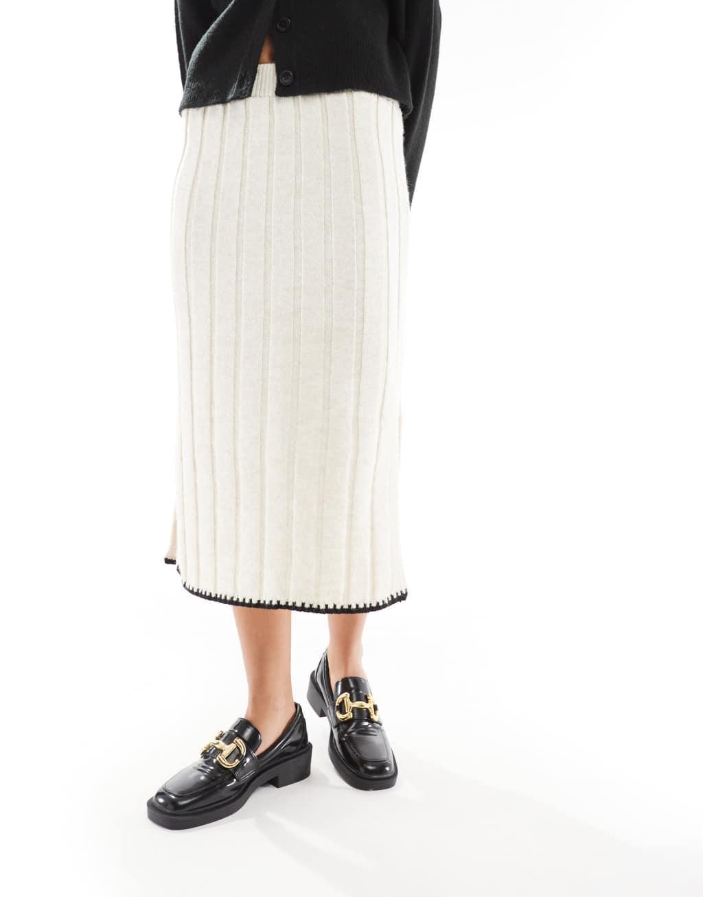 ONLY contrast trim knit midi skirt in stone Product Image