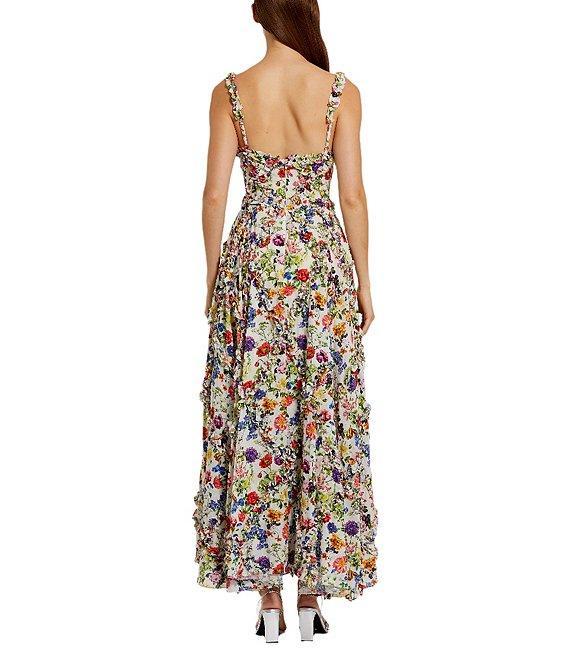 Mac Duggal Floral Print Scoop Neck Sleeveless Micro Ruffle A-Line Gown Product Image