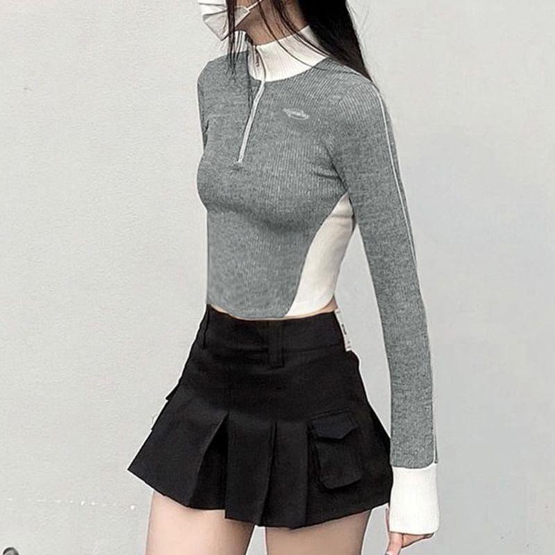 Long Sleeve Stand Collar Half Zip Ribbed Crop Top Product Image