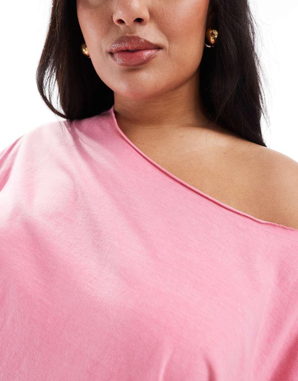 ASOS DESIGN curve slouchy off shoulder oversized tee in washed pink Product Image