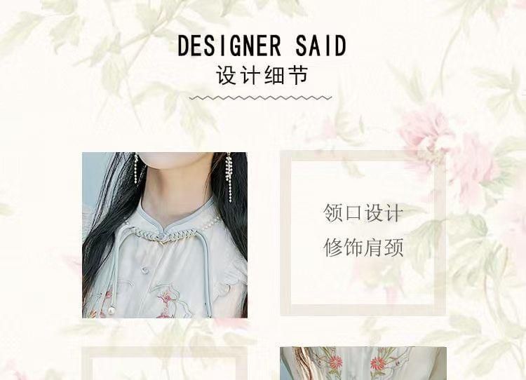 Set: Long-Sleeve Floral Embroidered Frog Button Blouse + High Rise Midi A-Line Skirt Product Image