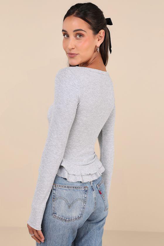 Instinctually Cute Heather Grey Ribbed Ruffled Long Sleeve Top Product Image