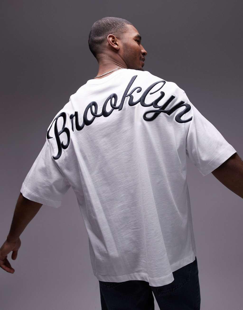 Topman heavyweight extreme oversized fit t-shirt with front and back Brooklyn embroidery in white Product Image