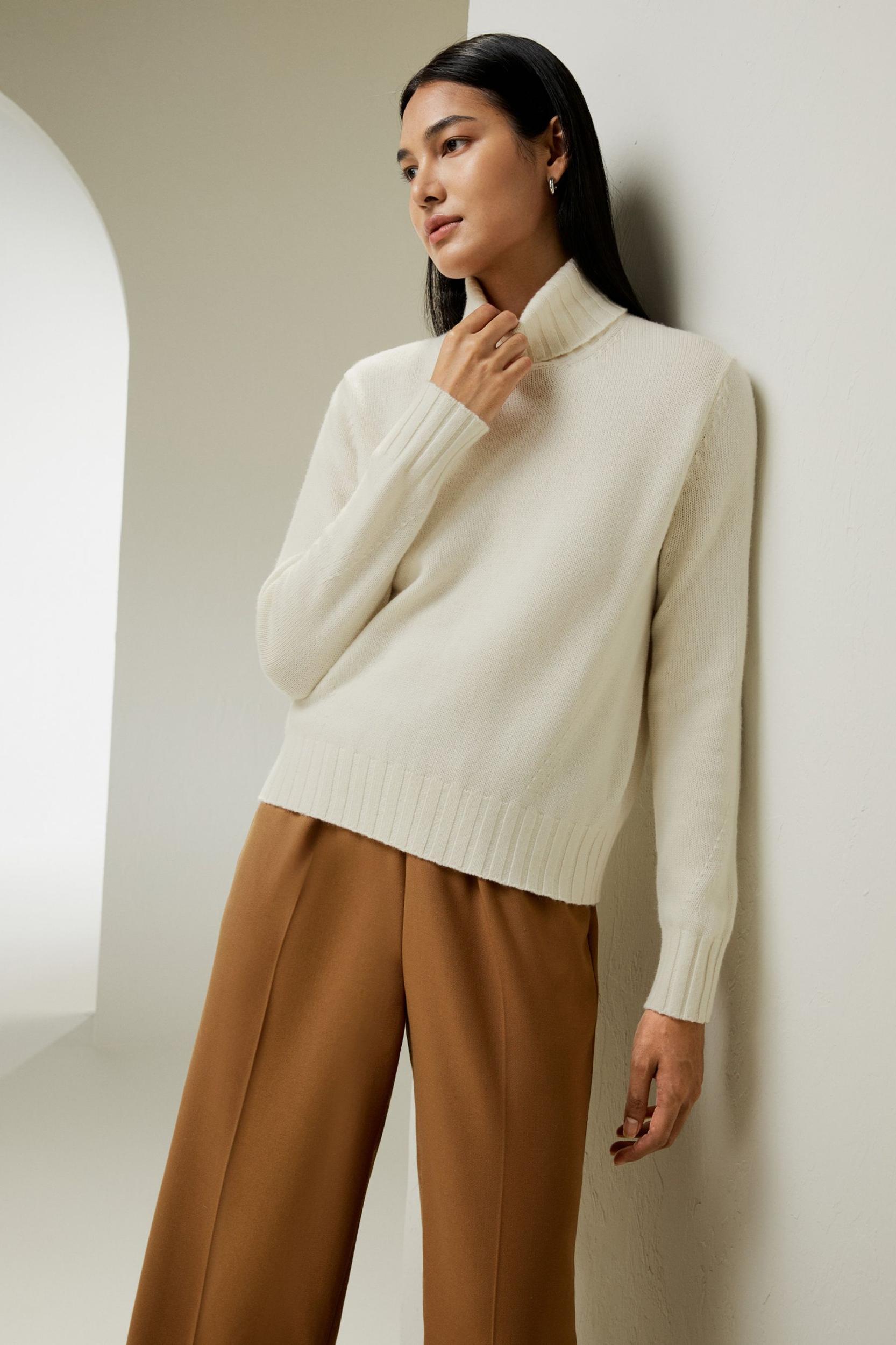 LILYSILK Womens Merino Wool Turtleneck Cashmere Sweater White Wool&Cashmere Luxurious Needlework Design Sweater S Product Image