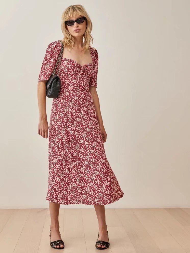 Puff-Sleeve Queen Anne-Neckline Floral Print Midi A-Line Dress Product Image