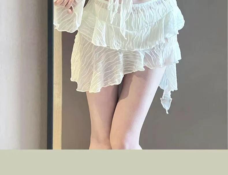 Set: Plain Shirred Bikini + Tie-Front Cover-Up + Skirt Product Image