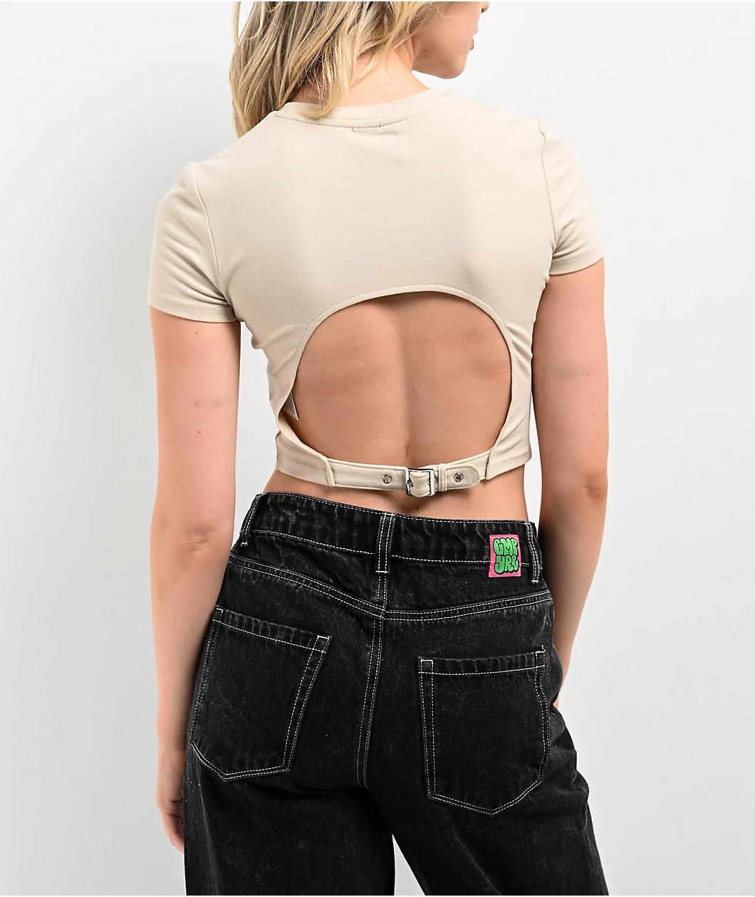 Vitriol Lorena Buckle Back Beige Crop T-Shirt Product Image