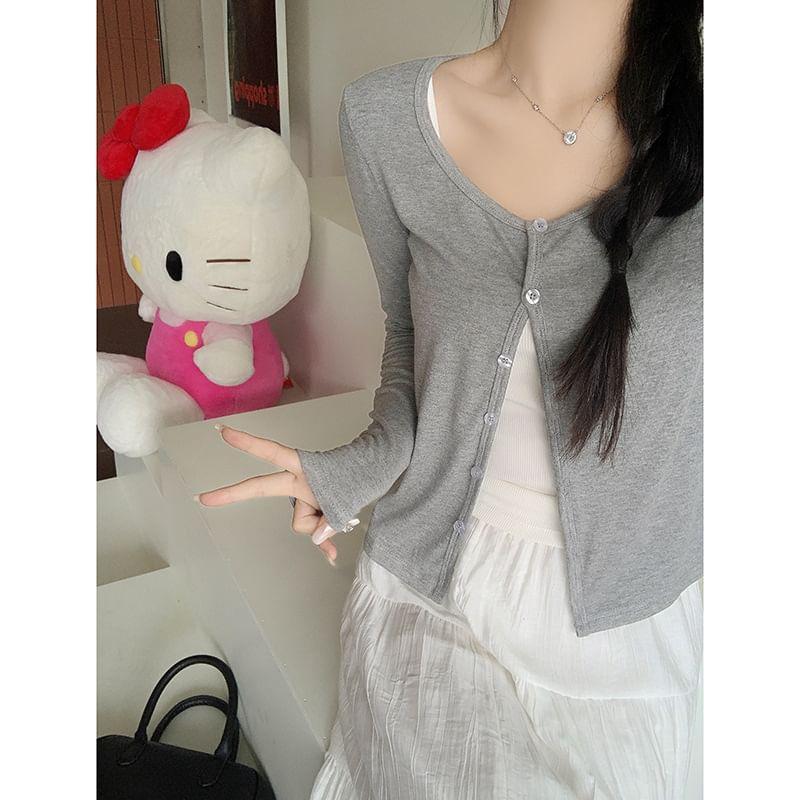 Long Sleeve Plain Slim-Fit Crop Lightweight Cardigan Product Image