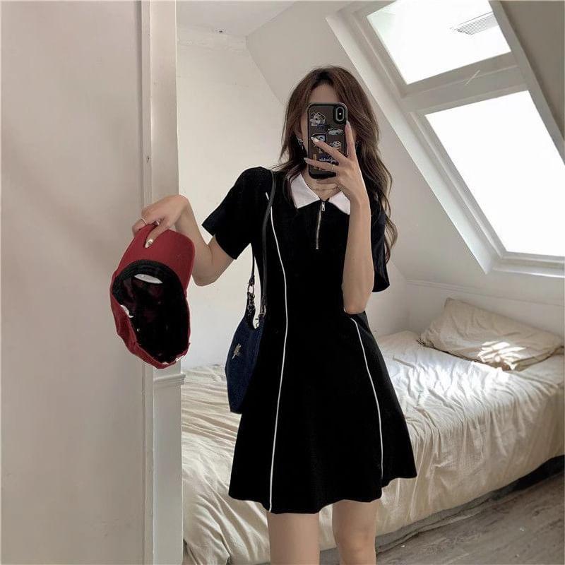 Short-Sleeve Collar Striped Mini A-Line Dress Product Image