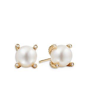 Womens Cable Pearl Stud Earrings in 18K Yellow Gold with Diamonds Product Image