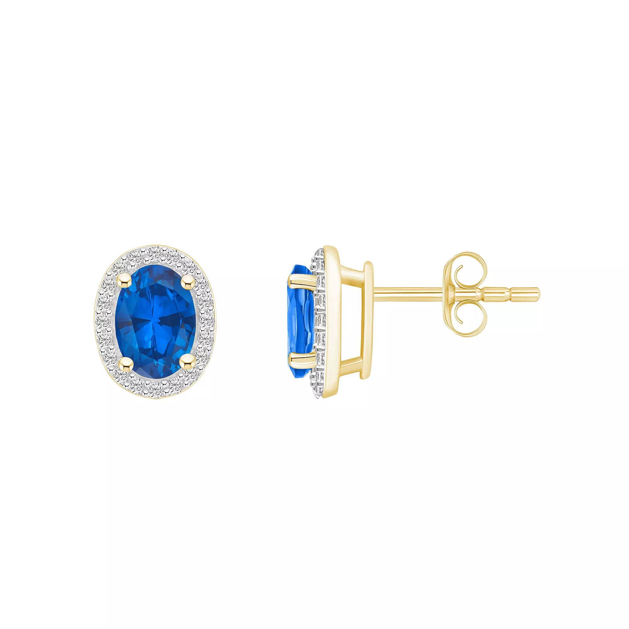 Celebration Gems 10k Gold Oval Gemstone & Lab-Created White Sapphire Halo Stud Earrings, Women's, Created Blue Product Image