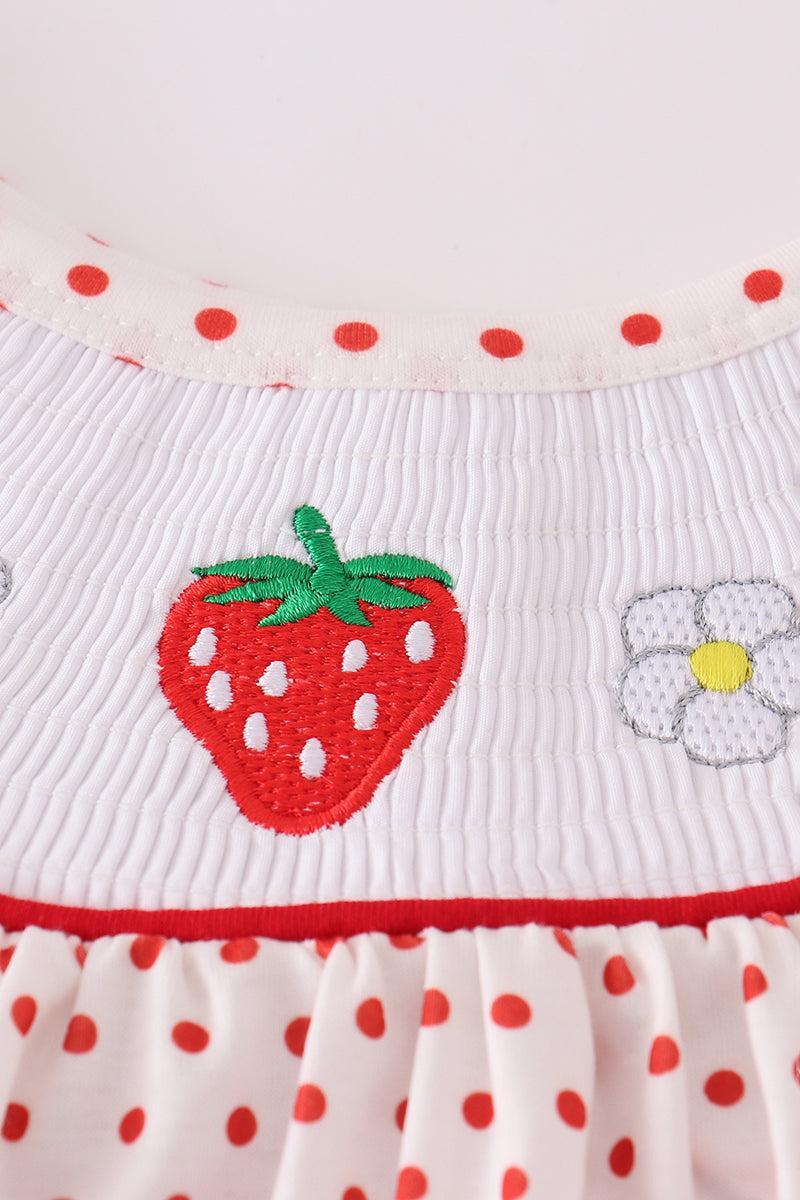 Red dot strawberry embroidery smocked shorts set Product Image