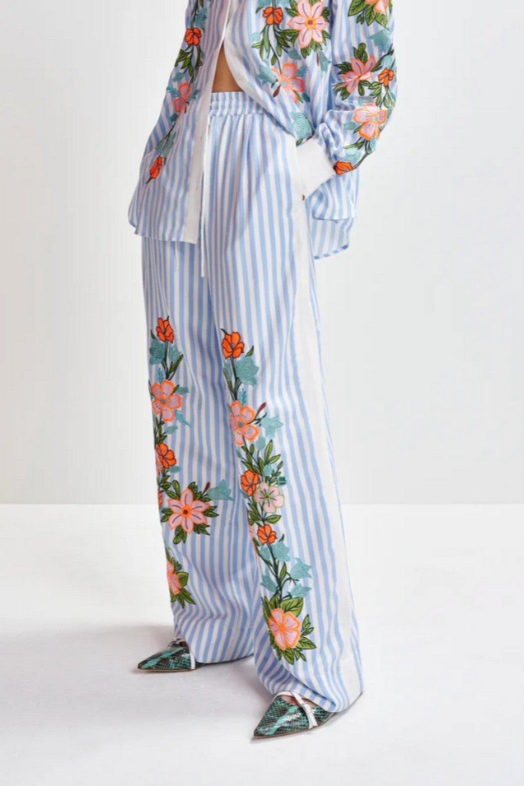 Blue, white and multicolored wide-leg pants with contrast border and embroideries Product Image