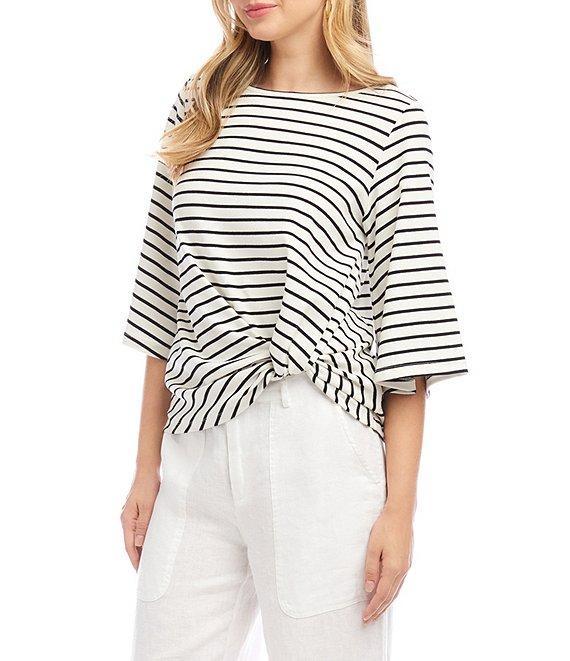 Karen Kane Stripe Crew Neck 3/4 Flare Sleeve Twist Front Top Product Image