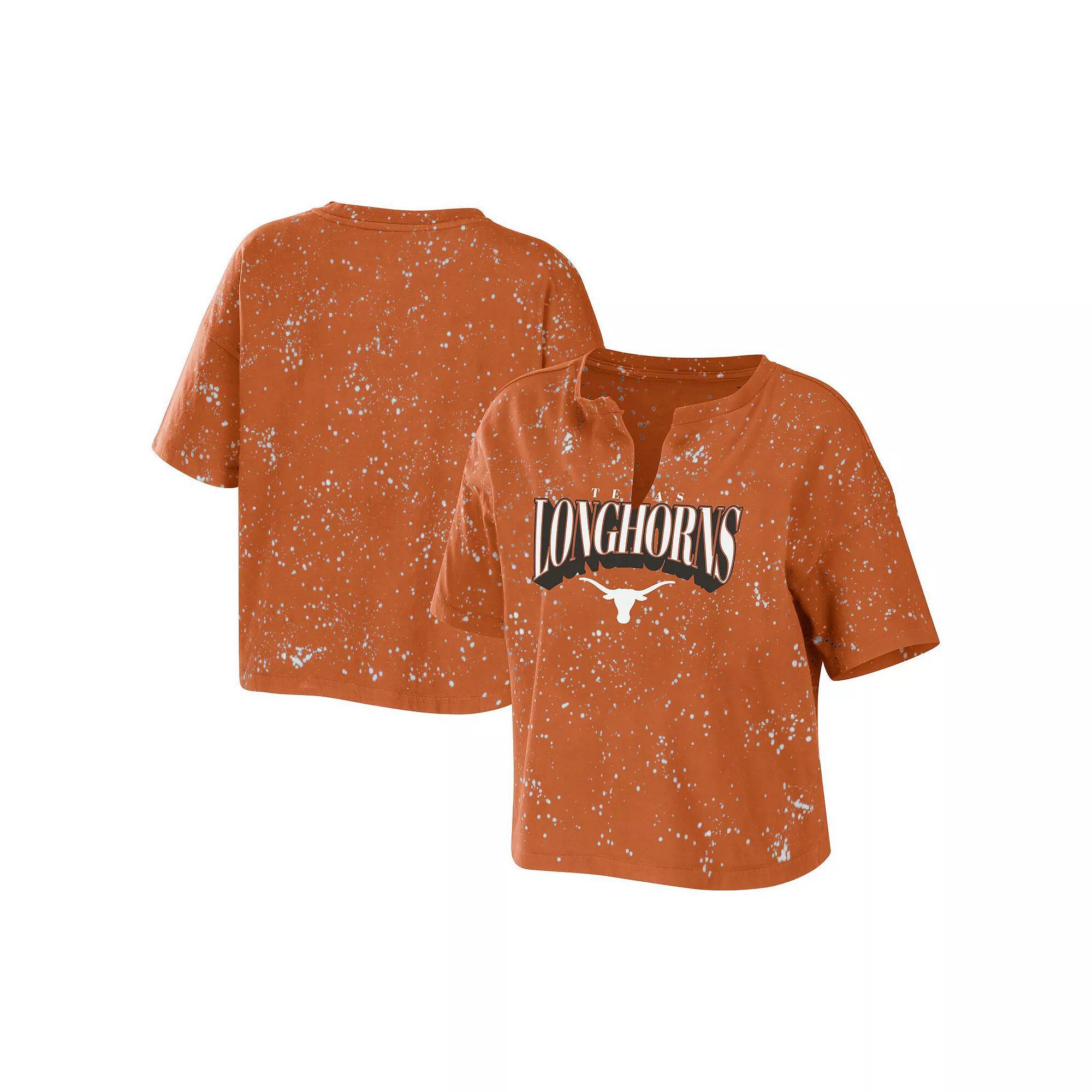 Women's WEAR by Erin Andrews Texas Orange Texas Longhorns Bleach Wash Splatter Notch Neck T-Shirt,  Product Image