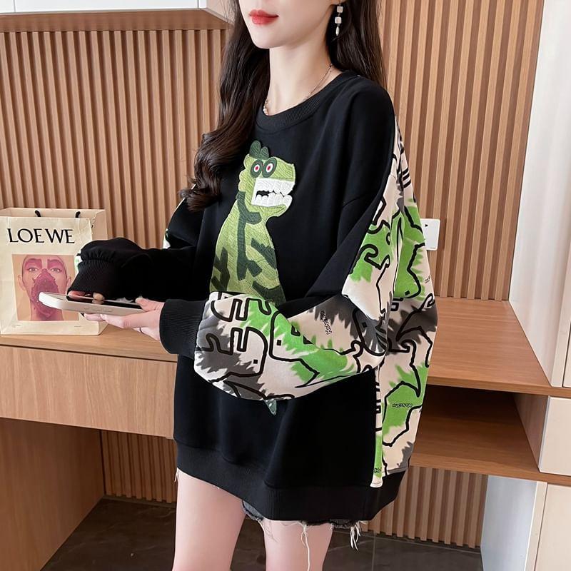 Crew Neck Dinosaur Print Oversized Pullover Product Image