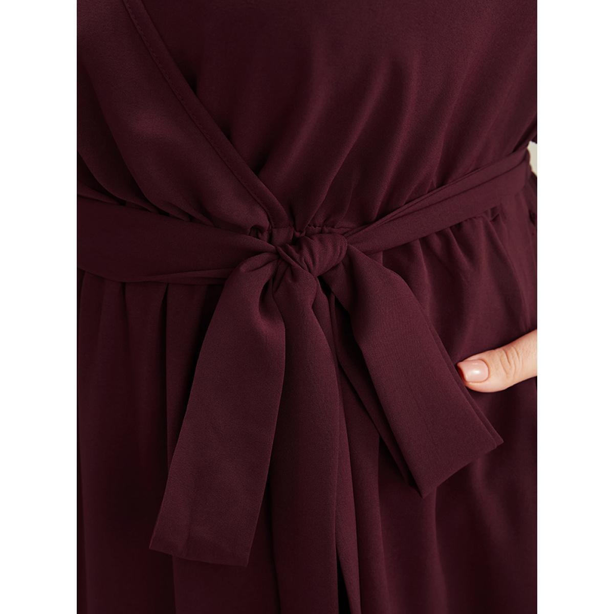 Plus Size Solid Wrap Pocket Lantern Sleeve Lace Belted Maxi Dress Burgundy Women Elegant V-neck Long Sleeve Curvy Long Dress BloomChic 28/5X Product Image