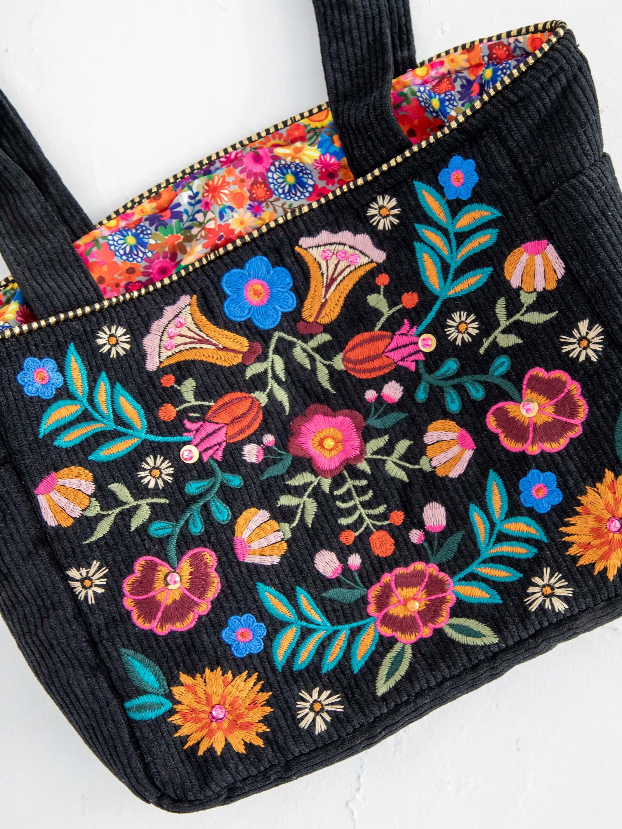 Embroidered Corduroy Tote - Black Folk Flower Product Image