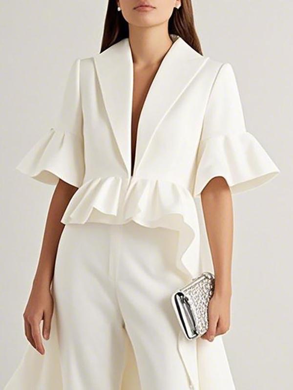 Flared Sleeves Half Sleeves Ruffle Trim Solid Color Deep V-Neck Blouses&Shirts Tops Outerwear Product Image