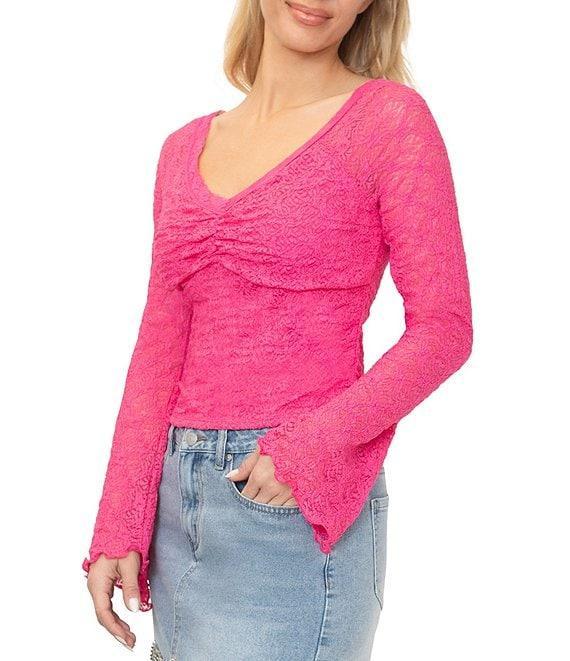 Stevie by Steve Madden Textured Stretch Lace V-Neck Long Bell Sleeve Top Product Image