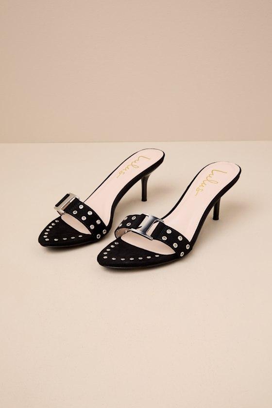 Caloway Black Suede Studded Buckle High Heel Slide Sandals Product Image