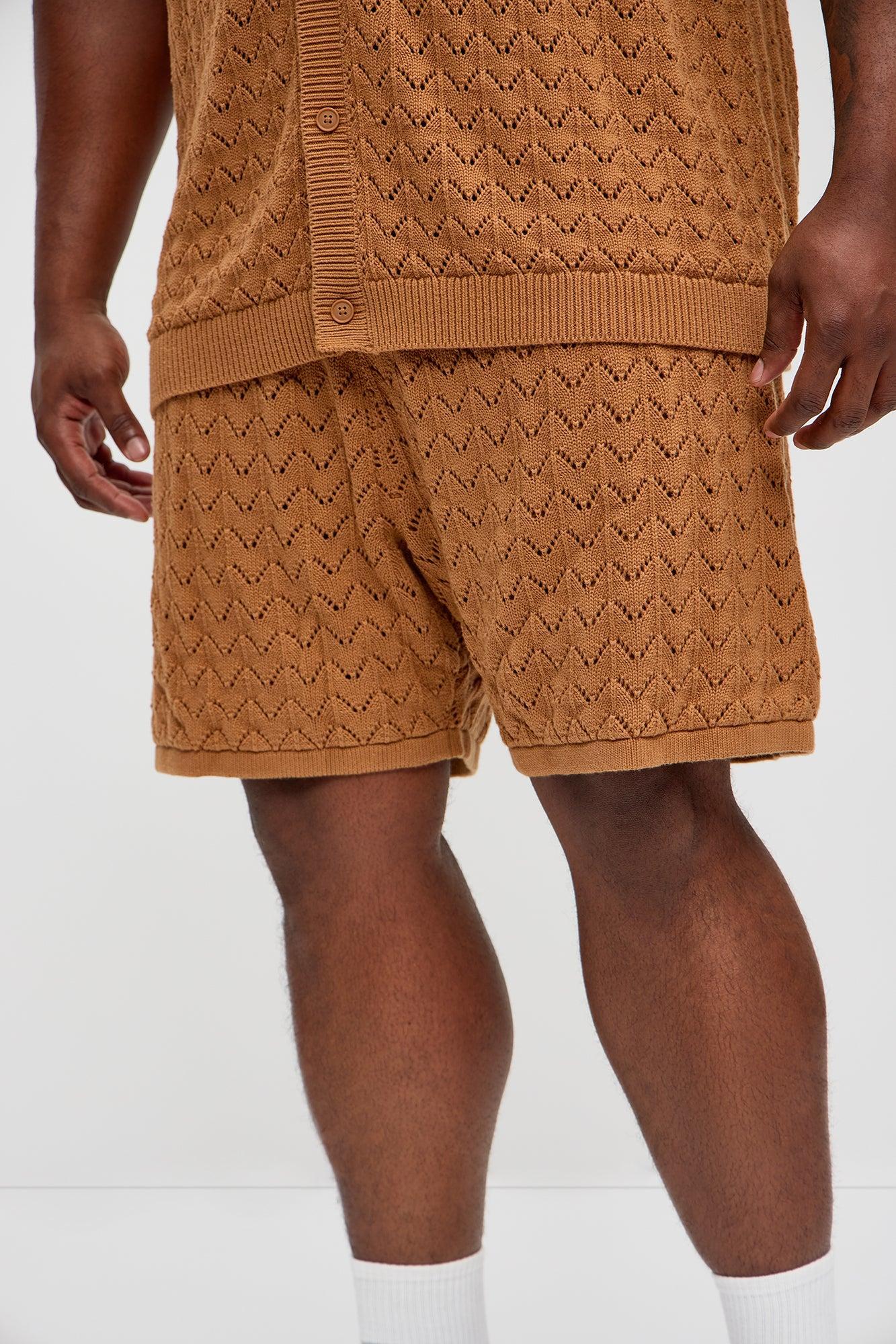 Waterfall Texture Open Knit Shorts - Brown Product Image
