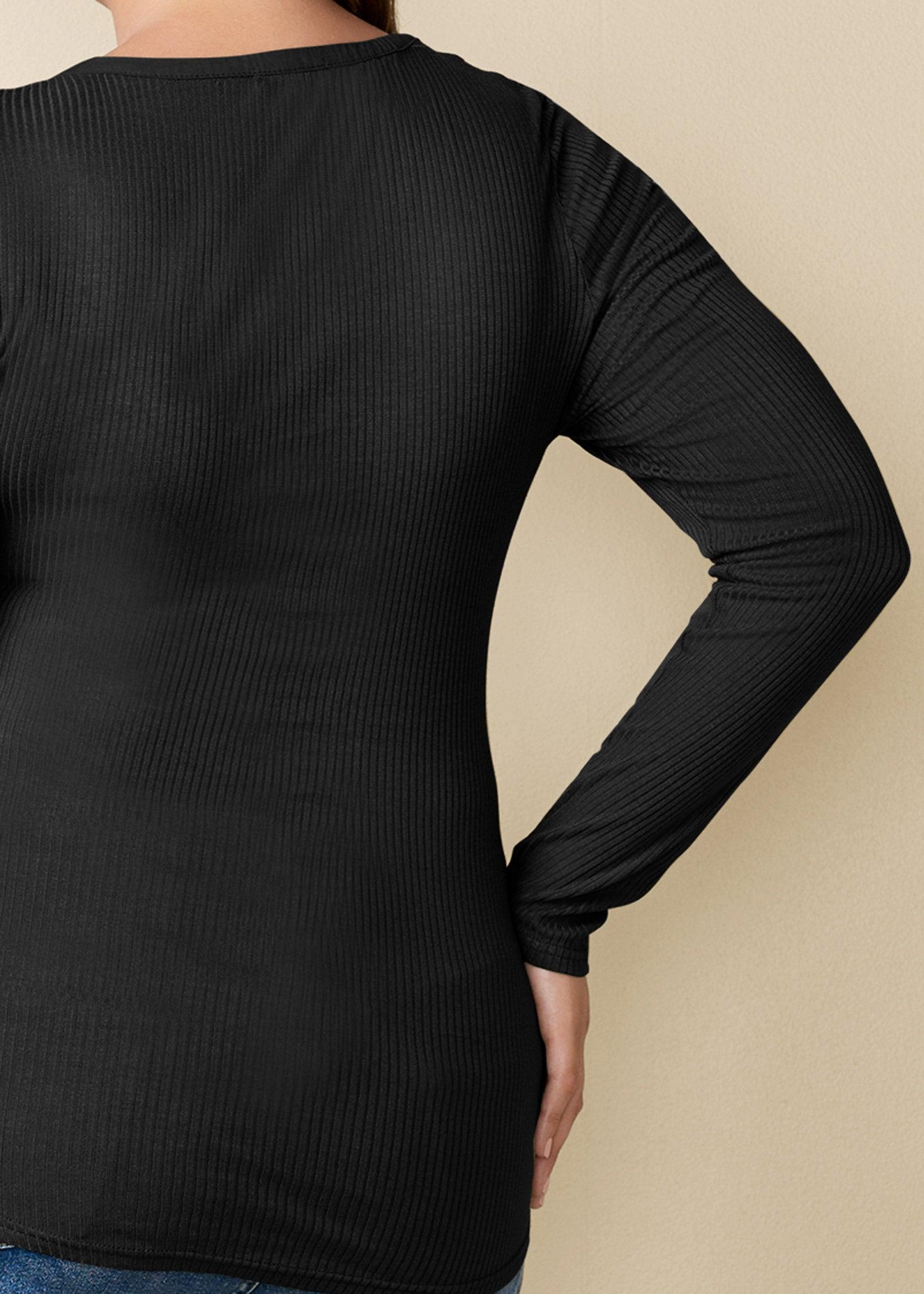 Ribbed Henley Top - Black Product Image