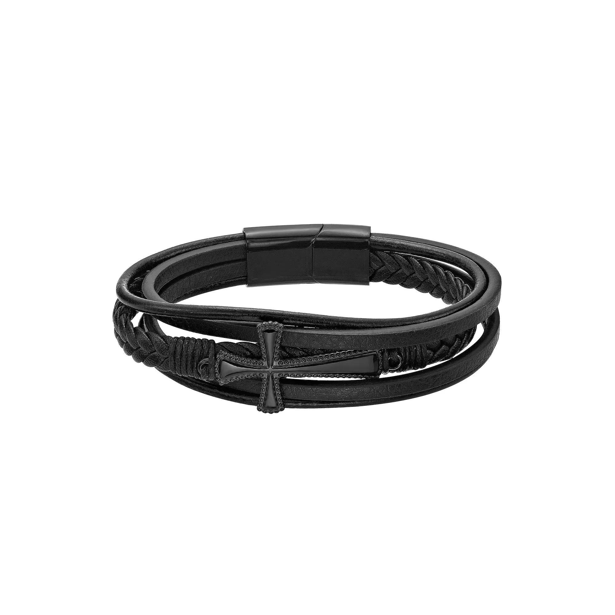 LYNX Men's Black Ion Plated Stainless Steel & Black Leather Cross Bracelet, Size: 8.50 Product Image