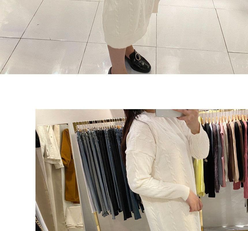 Long Sleeve Mock Neck Plain Cable Knit Midi Sweater Dress Product Image