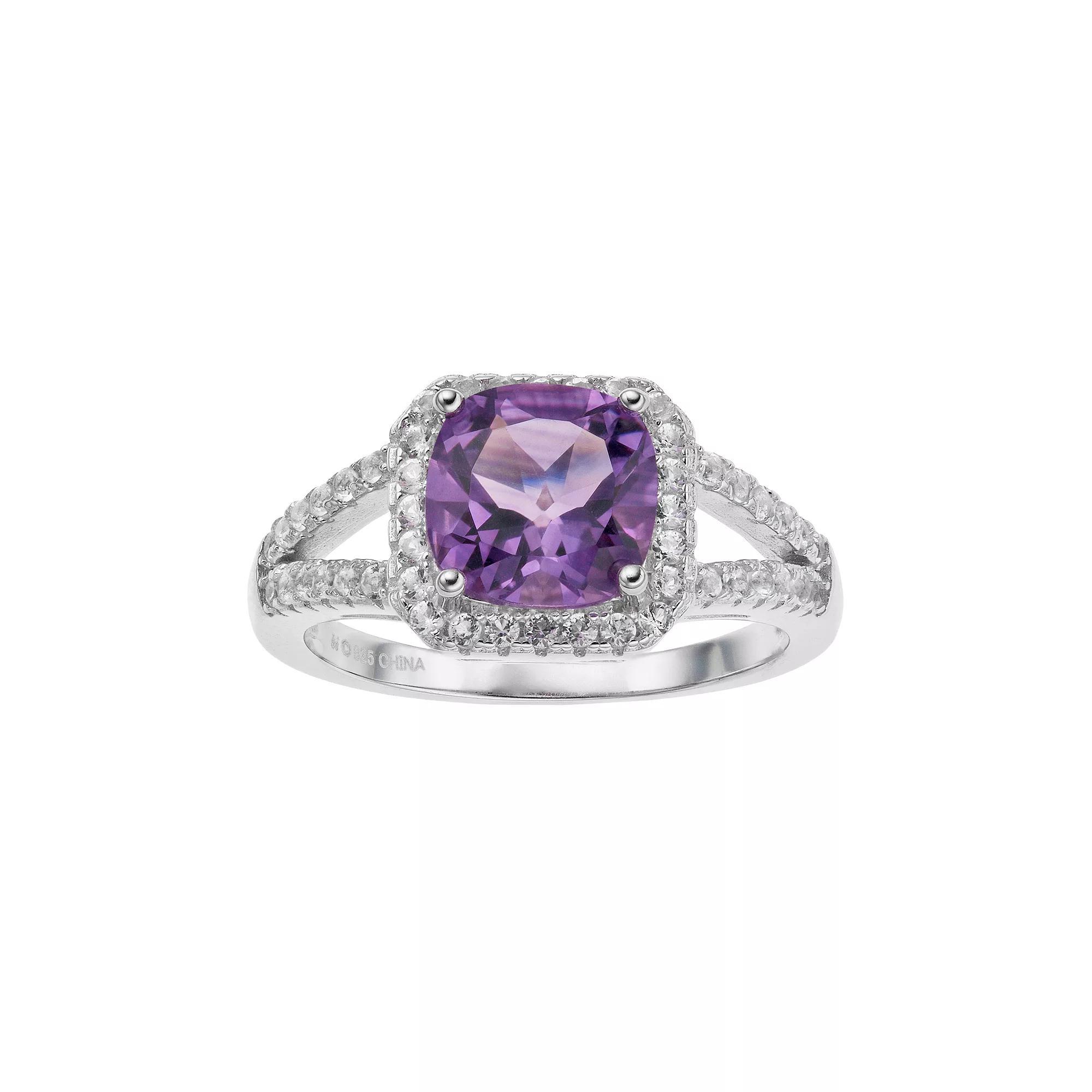 Gemminded Sterling Silver Amethyst & White Topaz Cushion Halo Ring, Womens Product Image