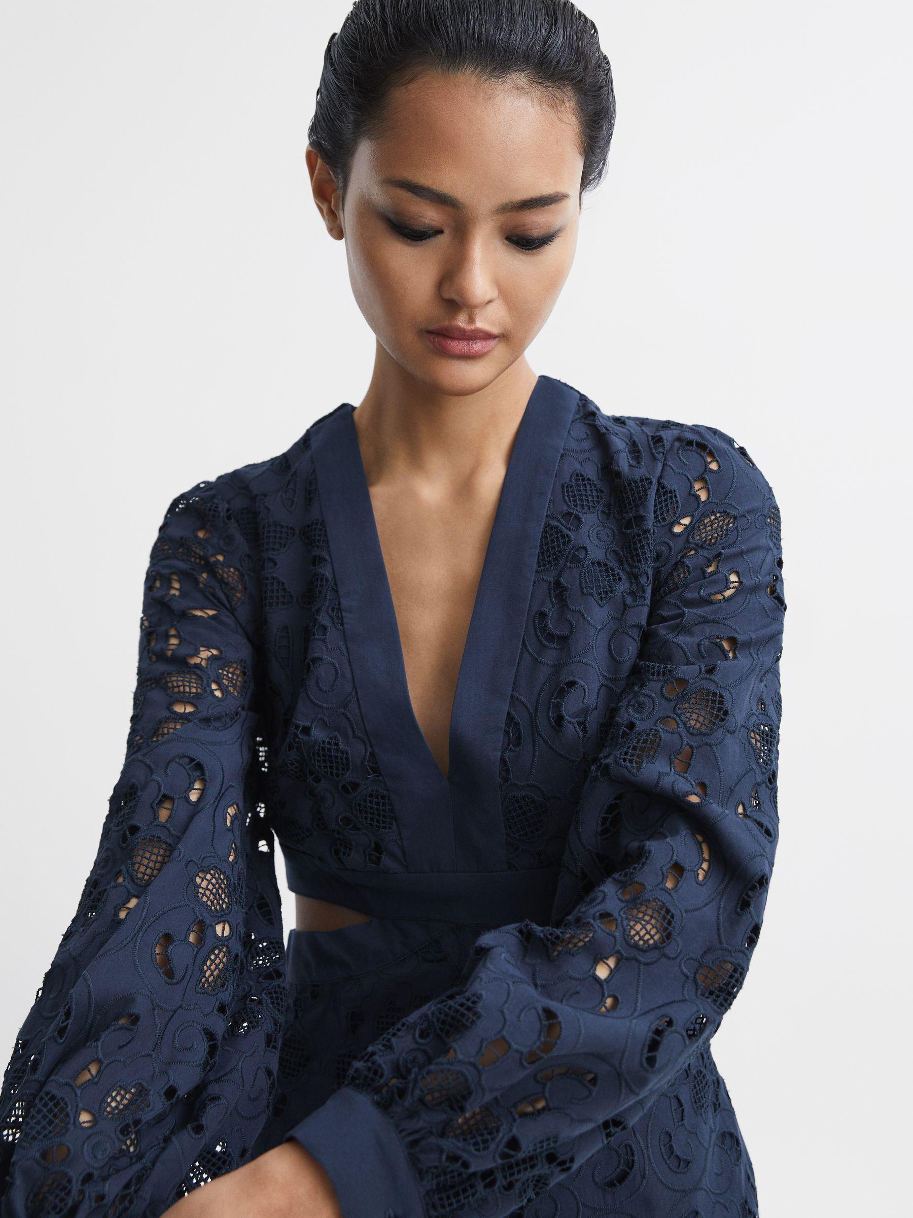 Lace Cut-Out Midi Dress in Navy Product Image