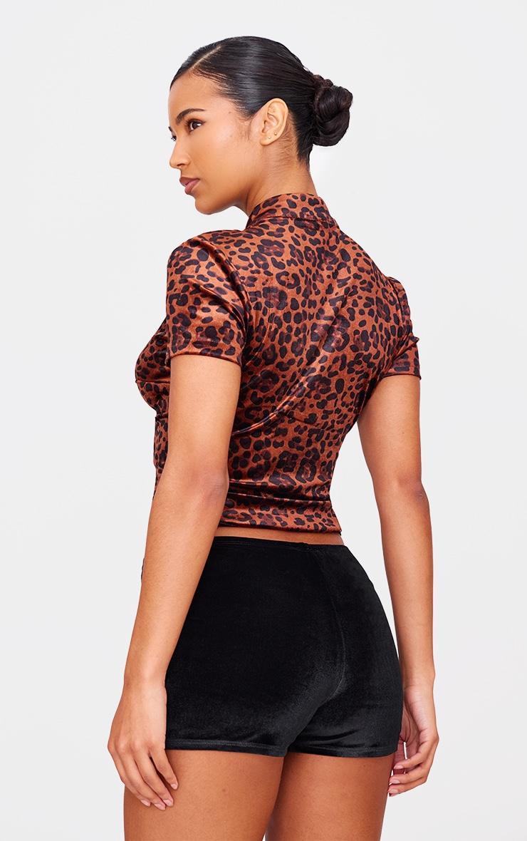 Brown Velvet Leopard Printed Tie Detail High Neck Top Product Image