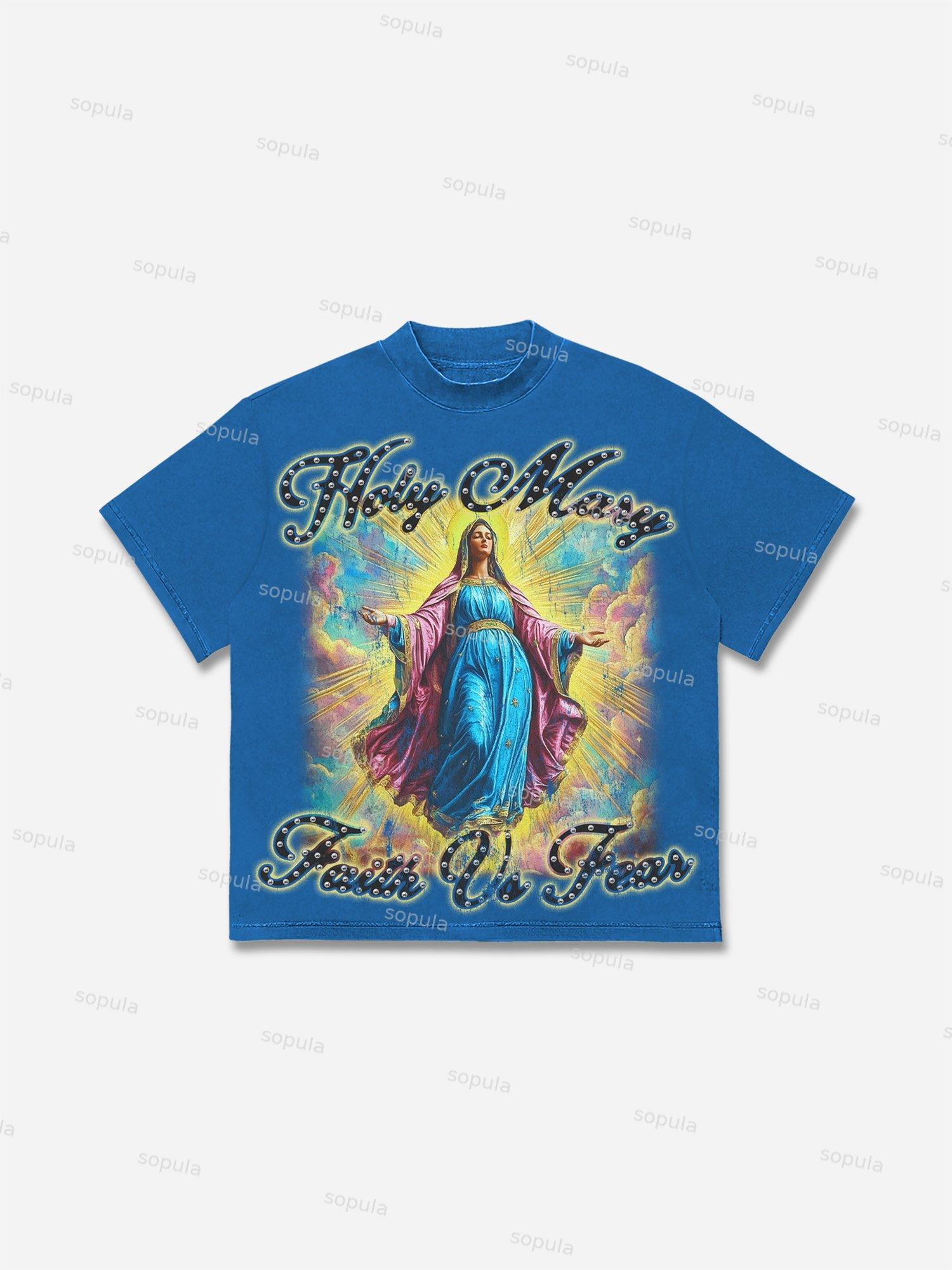 Men's Faith Vintage Holy Mary Graphics Cotton T-shirt Product Image