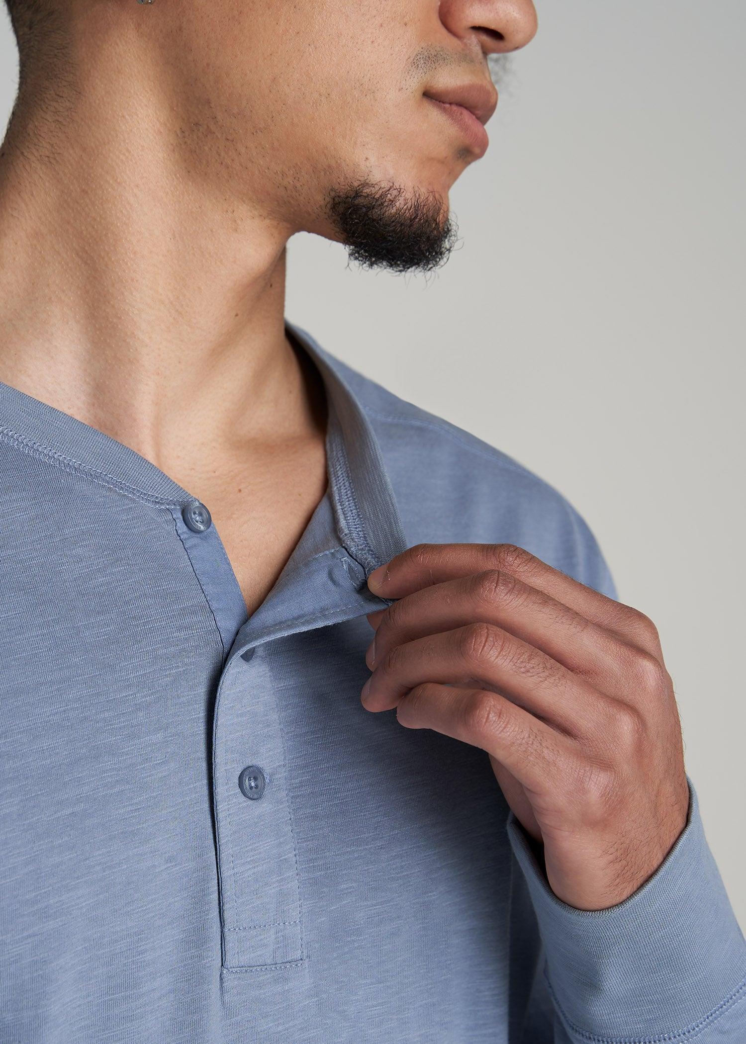 Three-Button Long Sleeve Slub Henley for Tall Men in Chambray Male Product Image