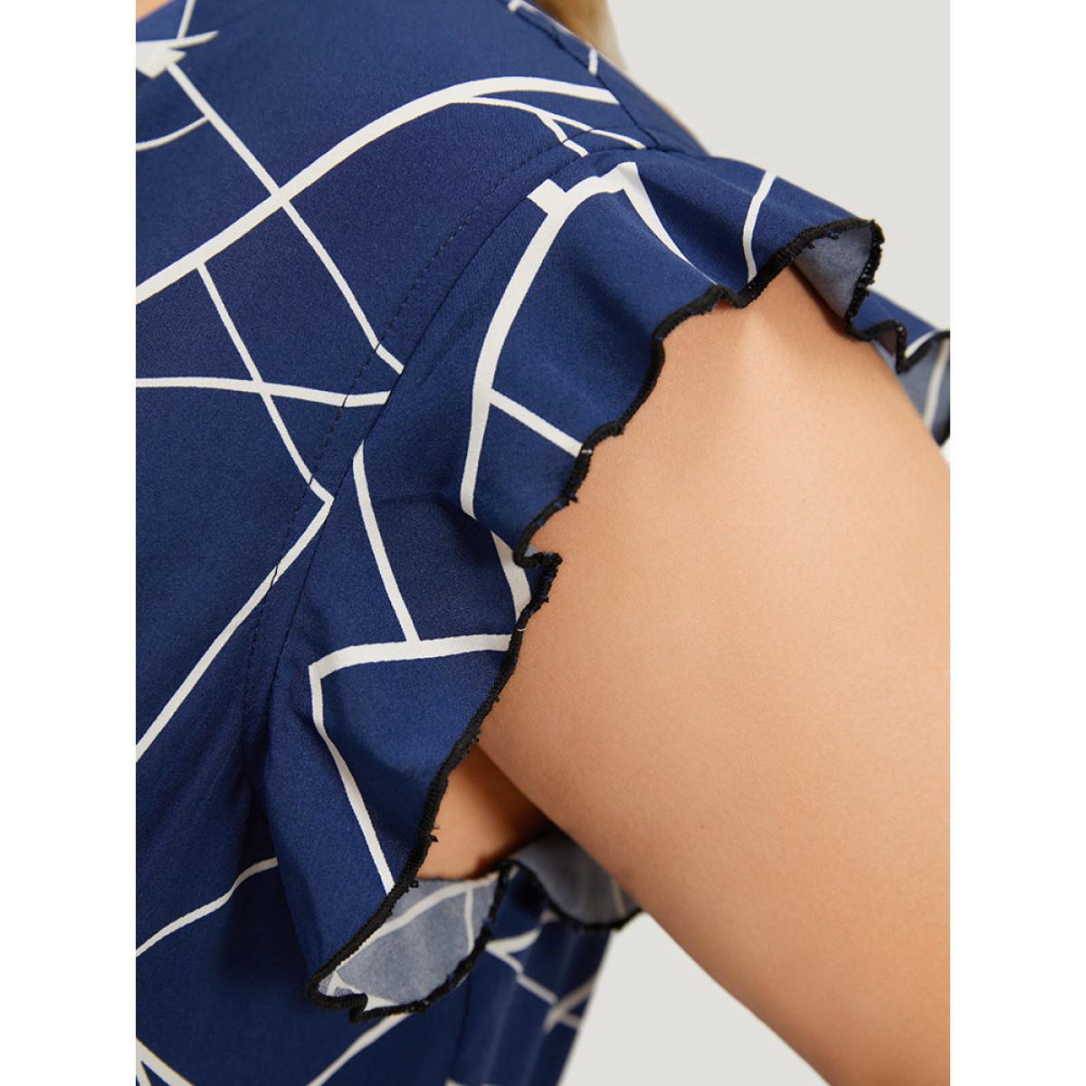 Plus Size Geometric Print Ruffle Cap Sleeve Wrap Layered Hem Dress Indigo Women Office Printed V-neck Cap Sleeve Curvy Long Dress BloomChic 30/6X Product Image