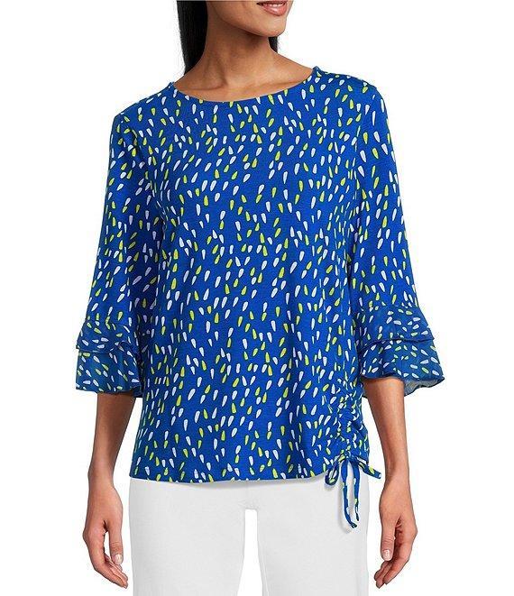 Multiples Slub Knit Georgette Dot Print Boat Neck 3/4 Sleeve Fitted Ruched Side Drawstring Top Product Image
