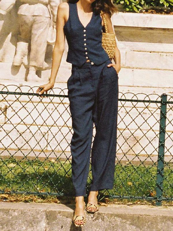 Solid Color  Sleeveless Buttoned Deep V-Neck Vest Top + Pleated Straight Leg Pants Bottom Two Pieces Set Product Image