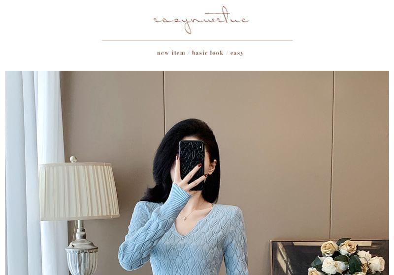 Long-Sleeve Notch Neck Plain Knit Mermaid Dress Product Image