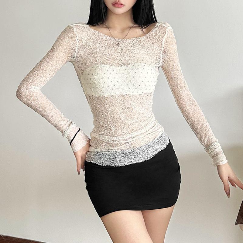 Long Sleeve Plain Glitter Open-Back Slim-Fit Top Product Image