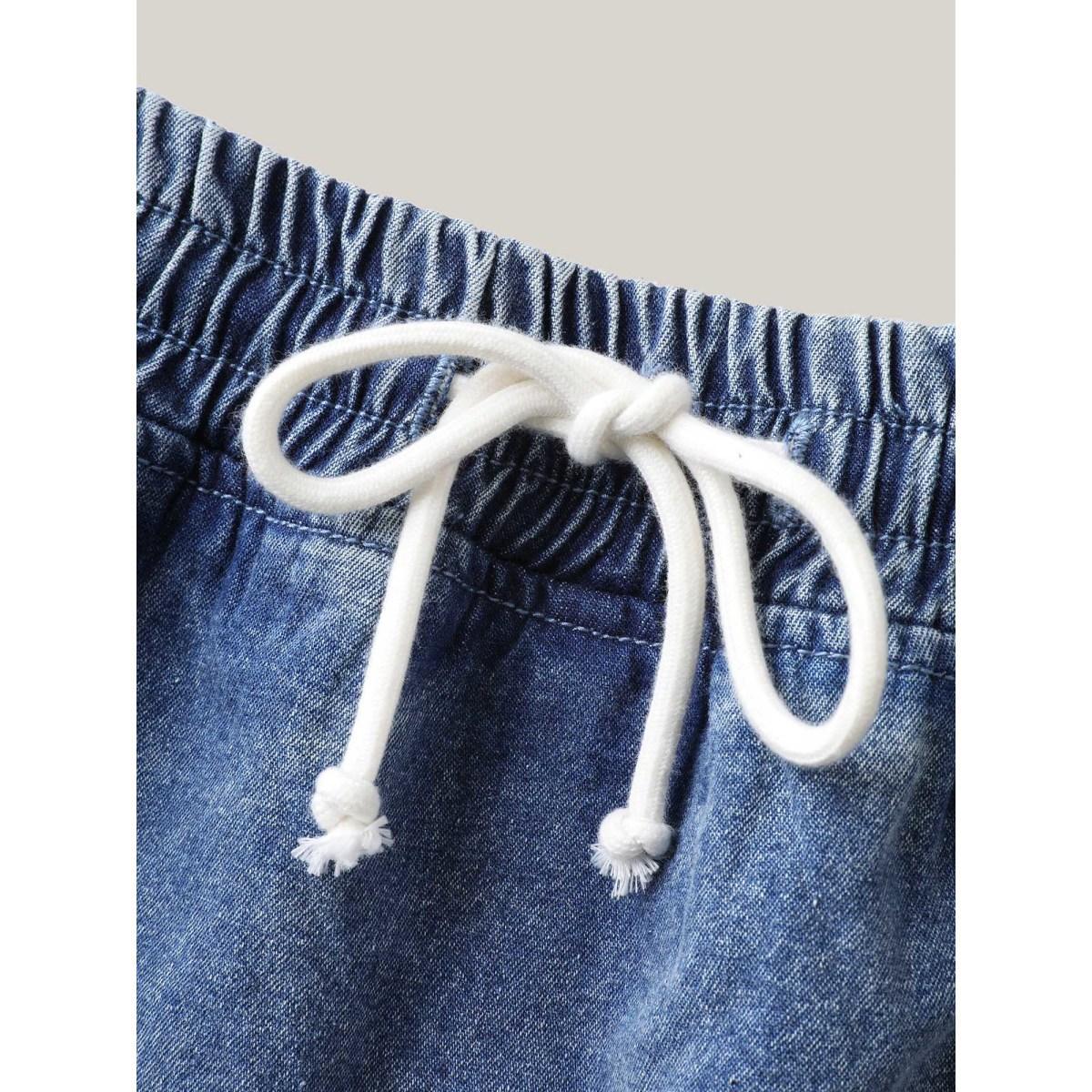 Plus Size Pull-On Drawstring Denim Skort Women Midblue No stretch Casual Slanted pocket Leisure Denim Shorts BloomChic 12/L Product Image