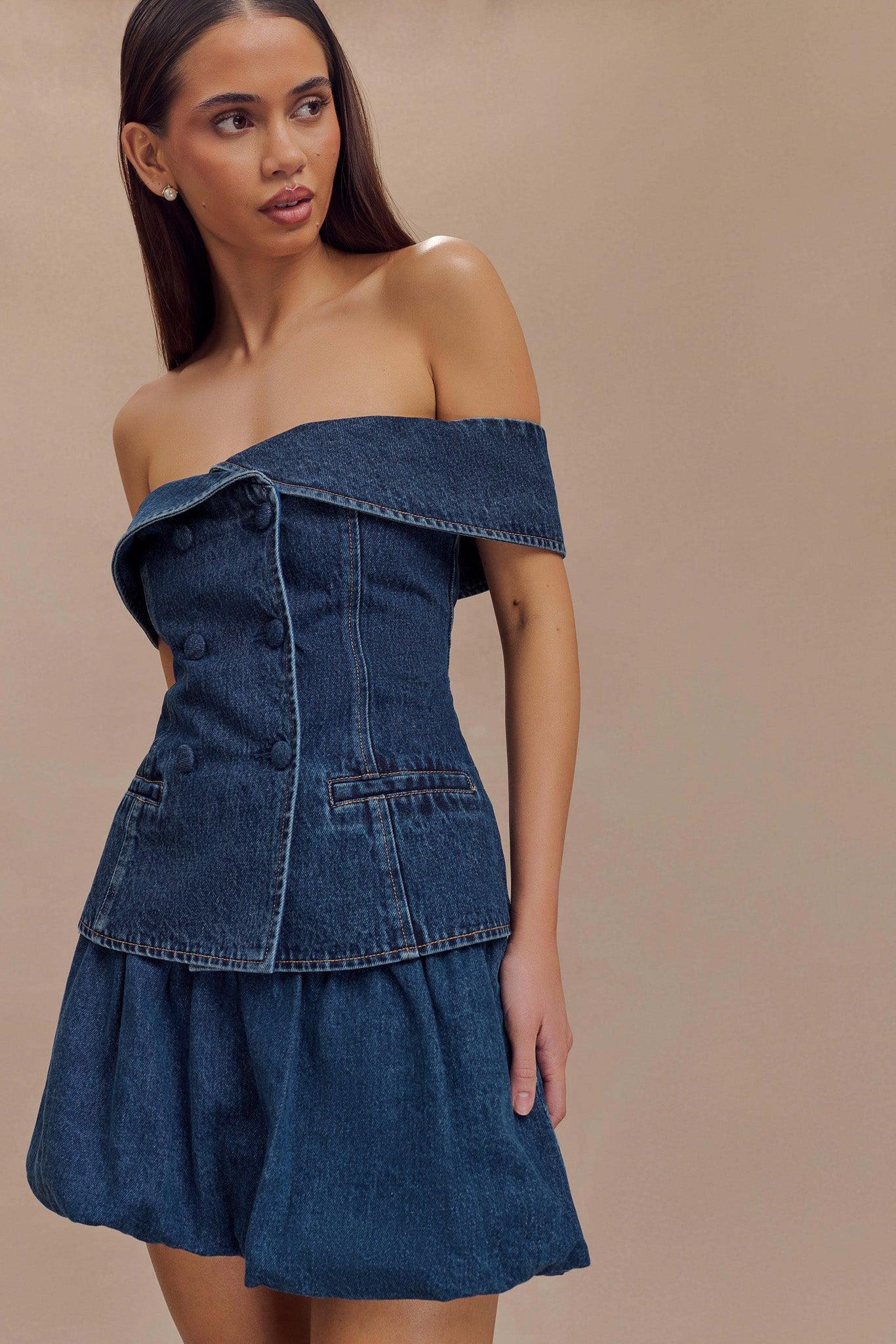 Krista Denim Off Shoulder Top - Dark Blue Product Image