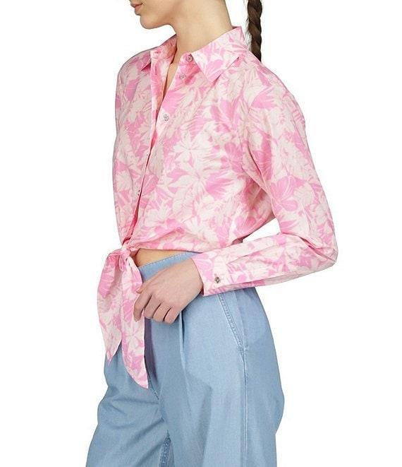 Michael Kors Collared Neckline Long Sleeve Palm Print Tie Shirt Product Image