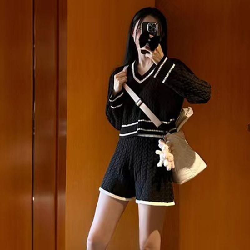 Set: Long-Sleeve Contrast Trim Knit Polo Shirt + Shorts Product Image