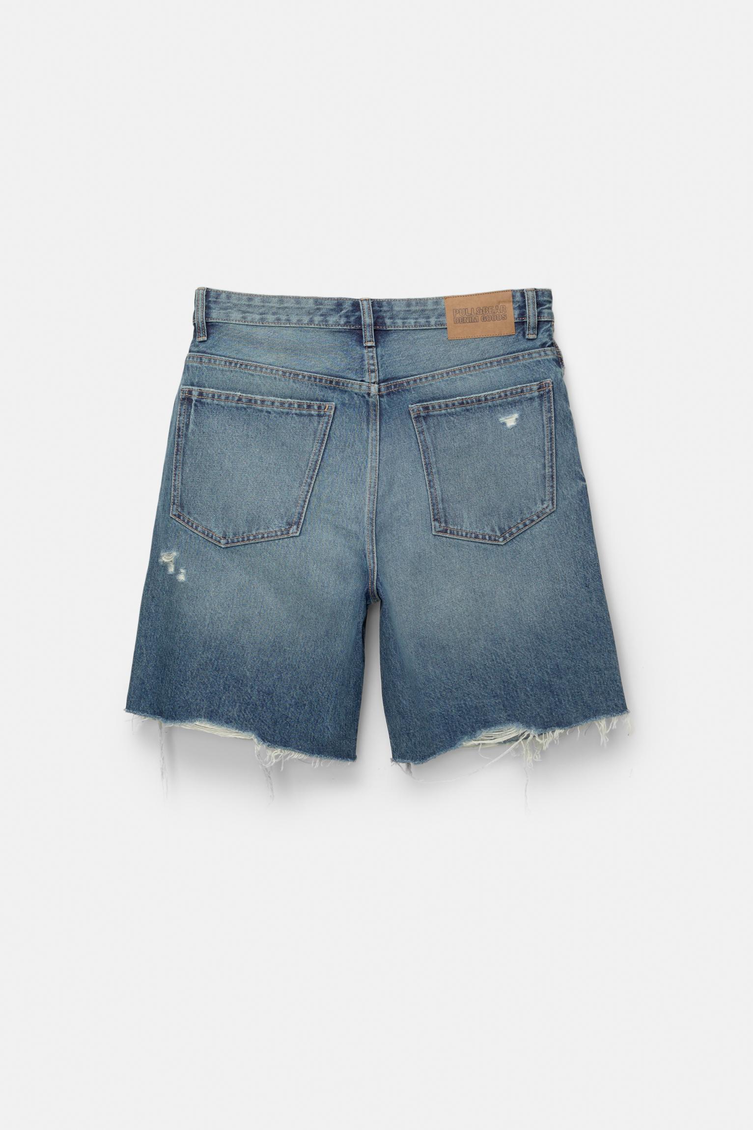 Ripped straight fit denim Bermuda shorts Product Image