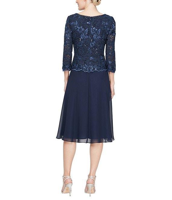 Alex Evenings Scoop Neck 3/4 Sleeve Sequin Lace Bodice A Line Midi Dress Product Image