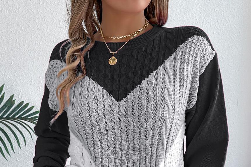 Crew Neck Color Block Cable Knit Sweater Product Image