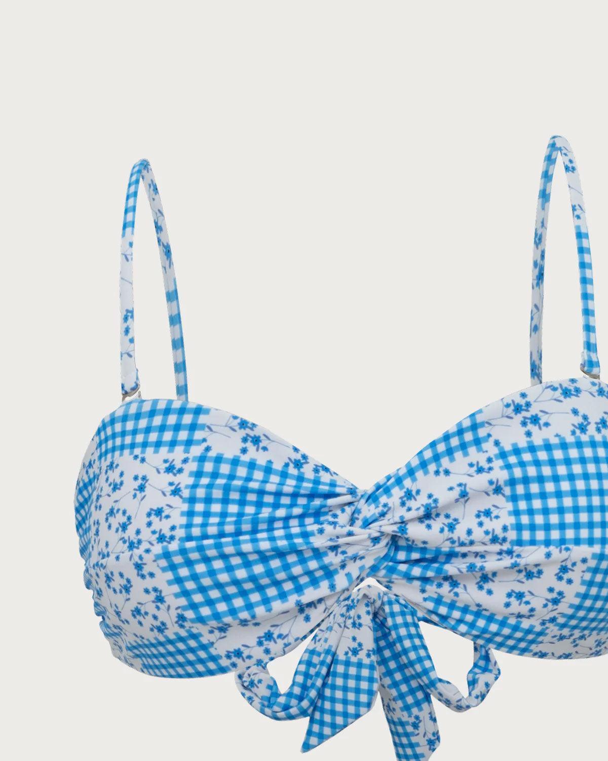 Blue Knitted Plaid Floral Print Twist Bikini Set Product Image